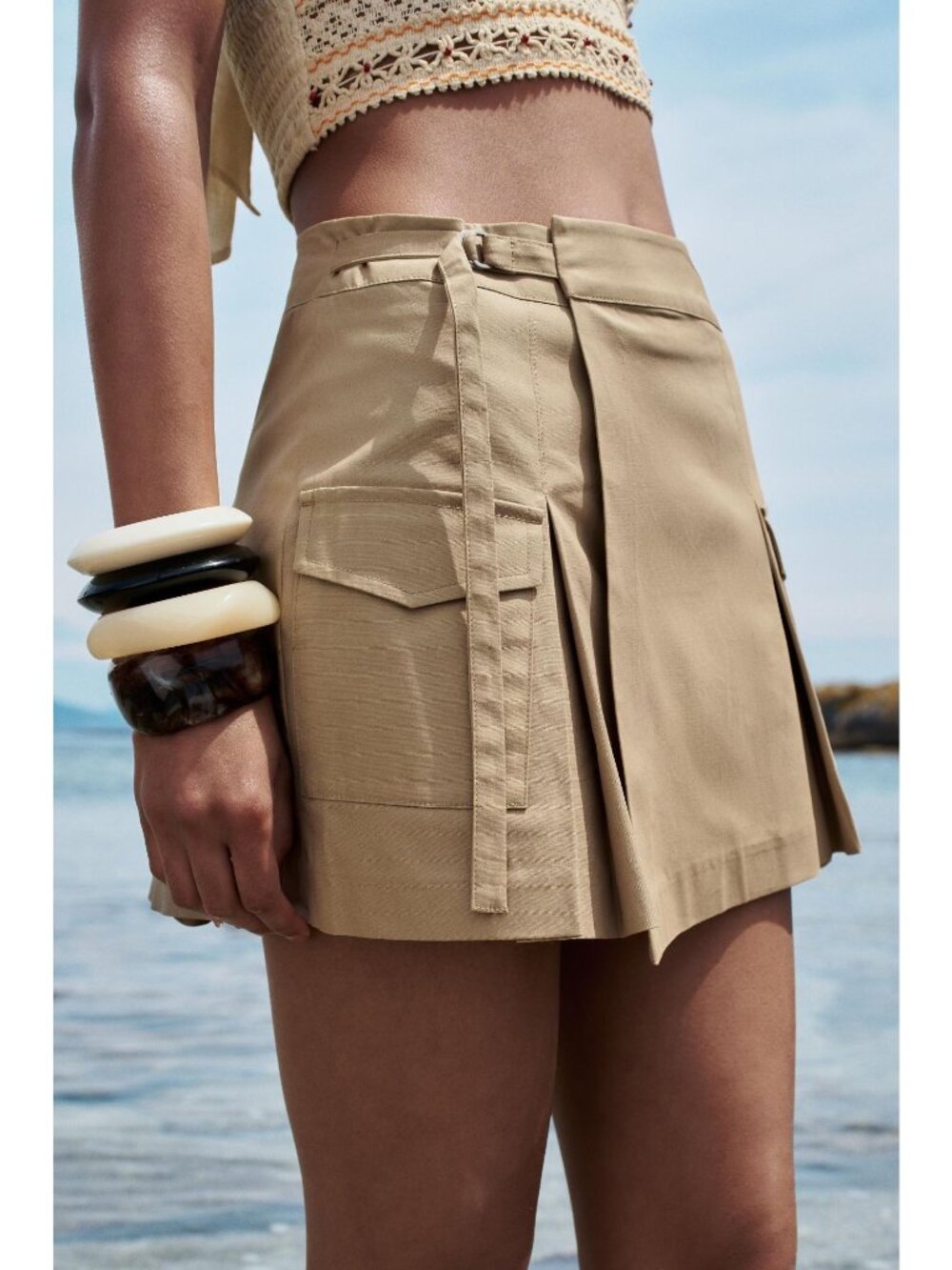 Zara Khaki Pleated Mini Skort With Belted Waist & Utility Pockets Size XS